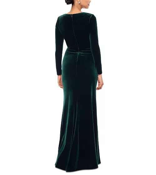 Betsy & Adam Women's Velvet Rosette Long-Sleeve Gown - Hunter - Size 6