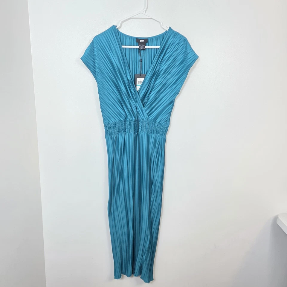 NUEVO DKNY Vestido Midi Azul Brillante Plisado Cintura Ajustada Fiesta Evento Talla 16 Foto 2 de 4