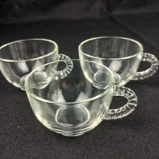 3 Federal Glass Cups Homestead Clear Beaded Handle 2 1/4"