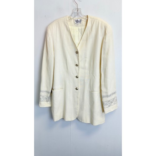 Stephanie Queller Vintage Cream Linen Blend Embroidered Blazer Jacket Womens 14