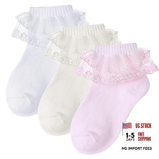 3 Pairs Girls Ruffle Socks Cute White Frilly Lace 4-6 Years White,ivory,pink