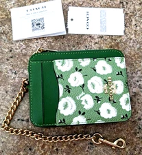 COACH CBL79 Zip Card Case Floral Print CoatedCanvas Leather Kelly GreenMulti NWT