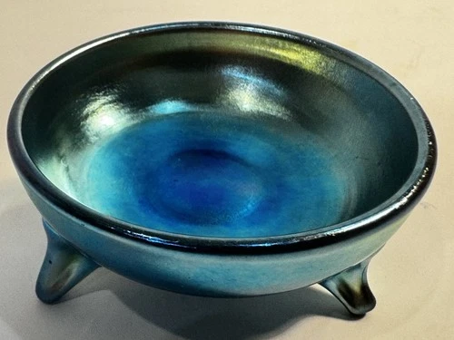 Antique Carder Era Steuben Blue Aurene Footed Tripod Salt Cellar Bowl SUPERB!
