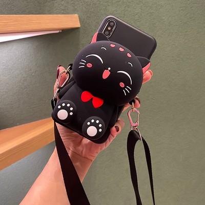 Crossbody Lucky Cat Wallet Case Cartoon Coin Purse Stand Cover For Various Phone