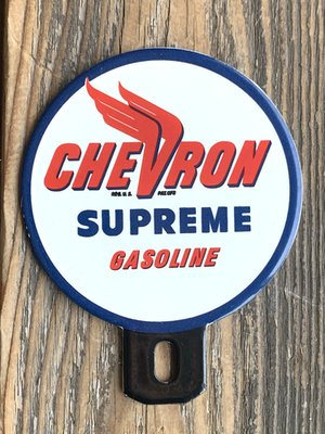 #ad VINTAGE CHEVRON SUPREME GASOLINE PETROLEUM GAS MOTOR OIL PORCELAIN TOPPER SIGN $54.00