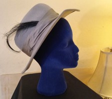 Vintage LANCASTER Felt 100% Wool Grey One Size Hat Feather Trim Made in USA