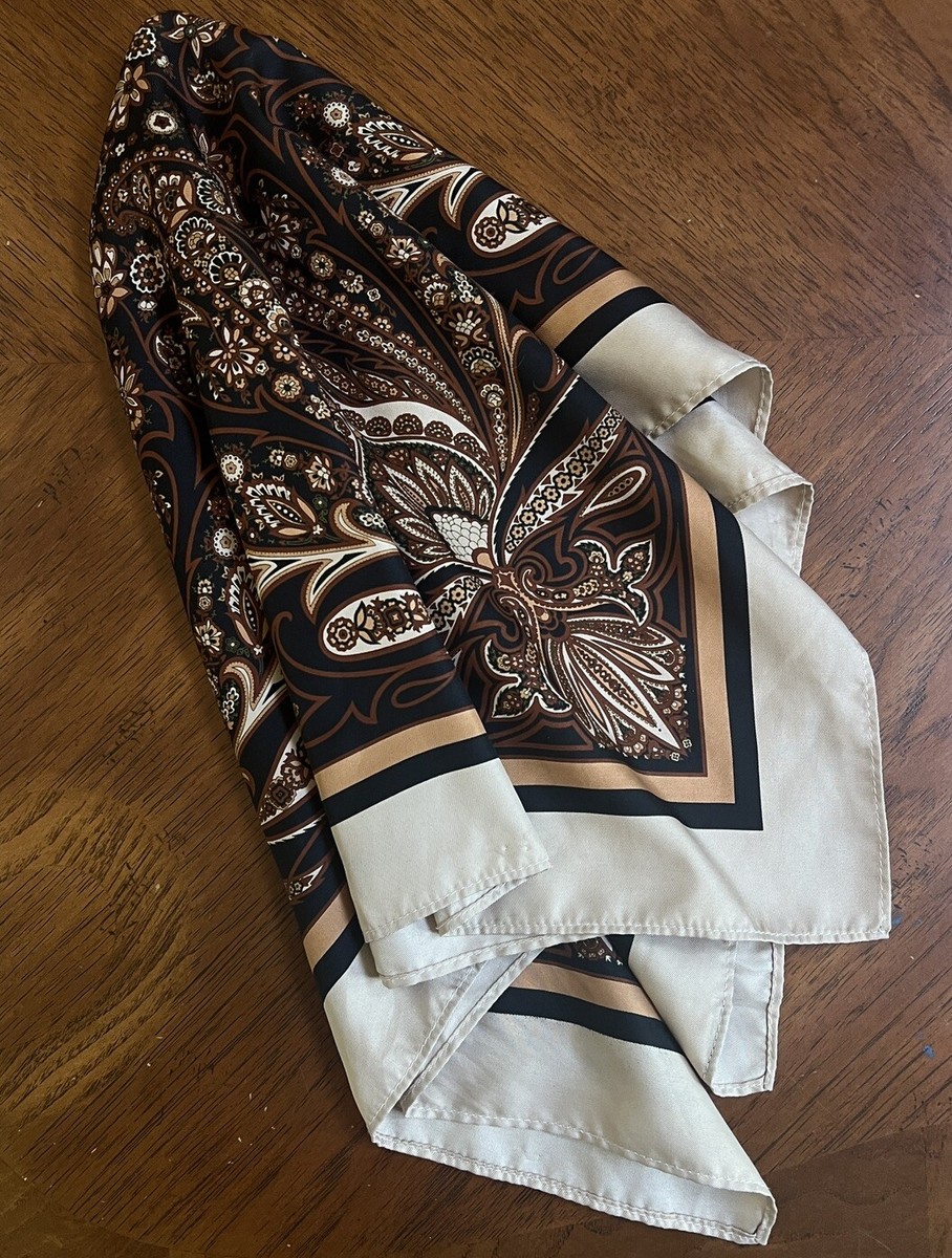 brown beige paisley pattern satin silky bandana scarf h&m 21”