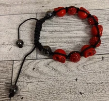Men's Fashion Red Skulls Braided Black Adjustable Hematite Shamballa Bracelet