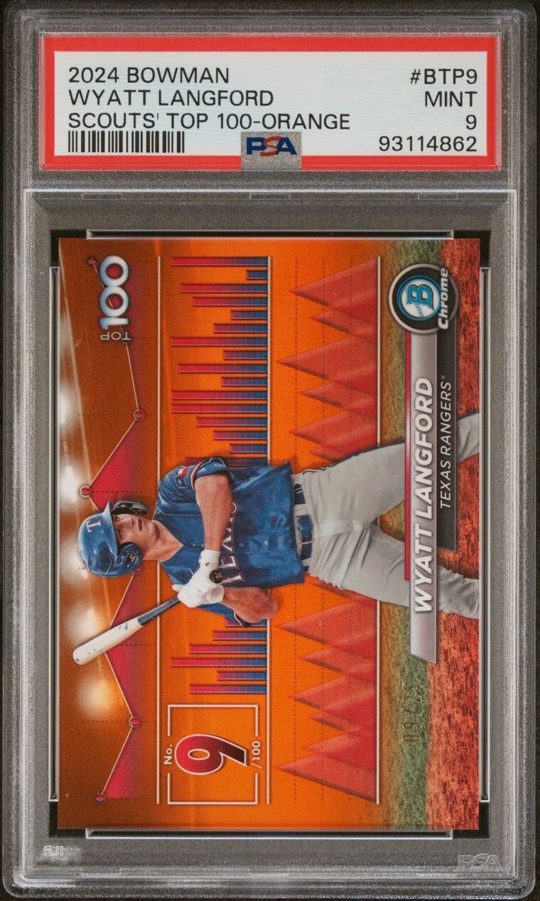 2024 Bowman Wyatt Langford Orange /25 Scouts Top 100 RC PSA 9 #BTP-9 Rangers