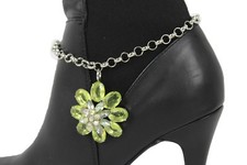 Women Silver Metal Chain Boot Bracelet Shoe Big Green Color Flower Charm Jewelry