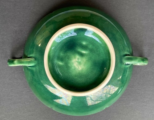 Vintage Green Art Glazed Stoneware Pottery Covered 8" Serving Dish with Handles - Picture 8 of 9