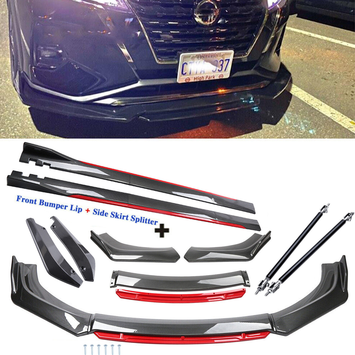 Carbon Fiber Front Bumper Lip Spoiler + Side Skirt For Nissan Kicks 3PCS J
