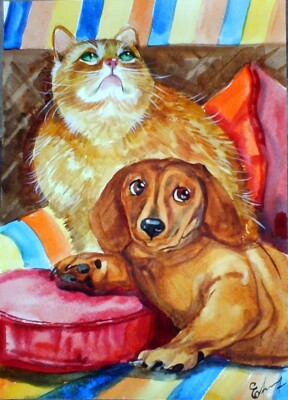 H.Schmidt Hund*Freunde*dog Katze dackel paar kissen Westenberger Aquar. 30 x21,5