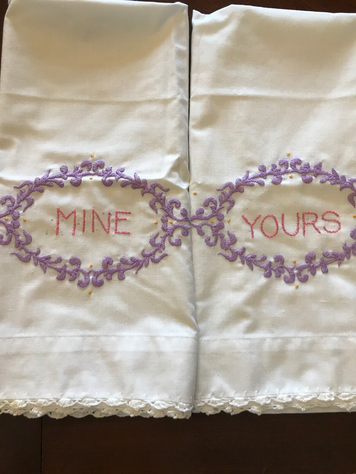 Pair of Vintage embroidery pillowcases Mine & Yours JCPenney Standard