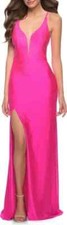 La Femme Neon Pink Rhinestone Plunge Neck Cross Back Gown Size 00 408 Prom