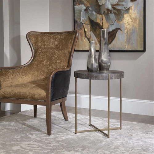 Uttermost Taja Round Stainless Steel and Wood Accent Table in Brushed Brass - Picture 3 of 6