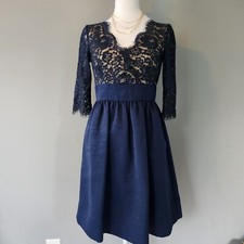Eliza J Sz 4P Lace Fit and Flare Navy  Blue Cocktail Party Dress Pockets  V-Neck