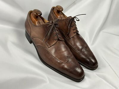 RRP 1550 ARTIOLI Leather Wingtip Shoes US 12 G Made BESPOKE HANDMADE  in Italy