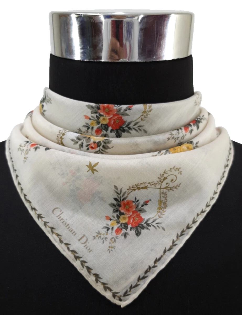Ancien foulard foulard Christian Dior fleurs bandana mouchoir haut usure
