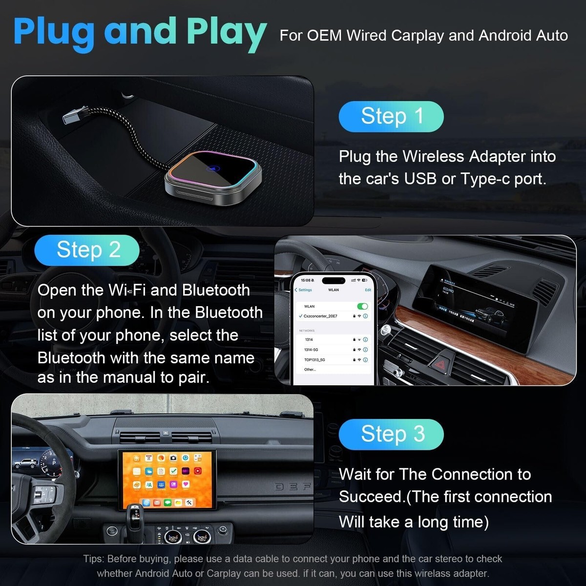 Smart Connect Apple CarPlay アダプター Wireless Carplay Adapter for Apple iPhone iOS 10+/Android
