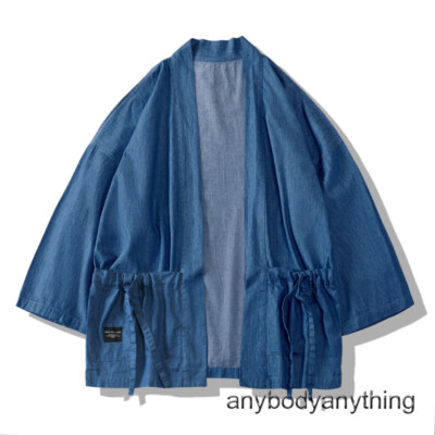 Mens Denim Kimono Jacket Coat Japanese Yukata Cardigan Loose Top Outwear Haori