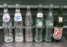 6 Glass Soda Bottles 16oz vintage coke Coca Cola diet pepsi free 7up rc cola acl