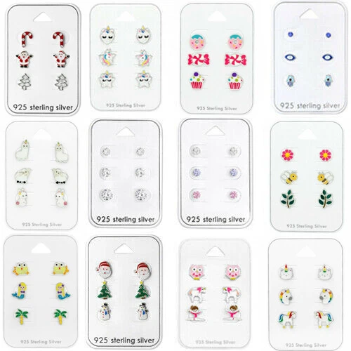 925 Sterling Silver Stud Earrings Set of Three Womens Girls Kids Fast Shipping