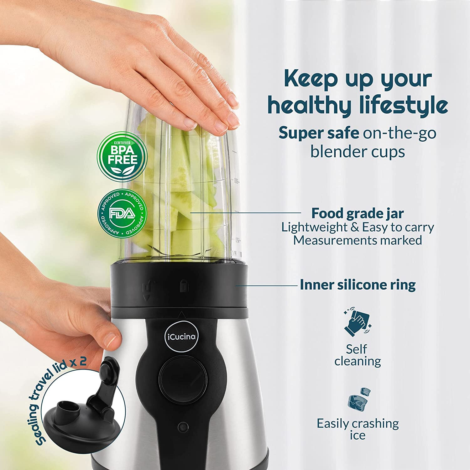 iCucina Personal Portable Bullet Blender, 300 Watt for Shakes and Smoothies, Easy to Clean, Shake Blender with One-Button Operation, 28oz Blender Cups