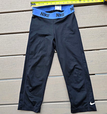 Nike Dri-FIT Women’s XS Black Capri Leggings Blue Logo Waistband Stretch