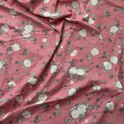 Vtg Cranston Print Works TX Cotton Fabric ~2yds USA Pink Cream Flower Floral