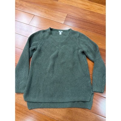 LL Bean Sweater Womens Large Green V-Neck Shaker Stitch Cotton High Low L