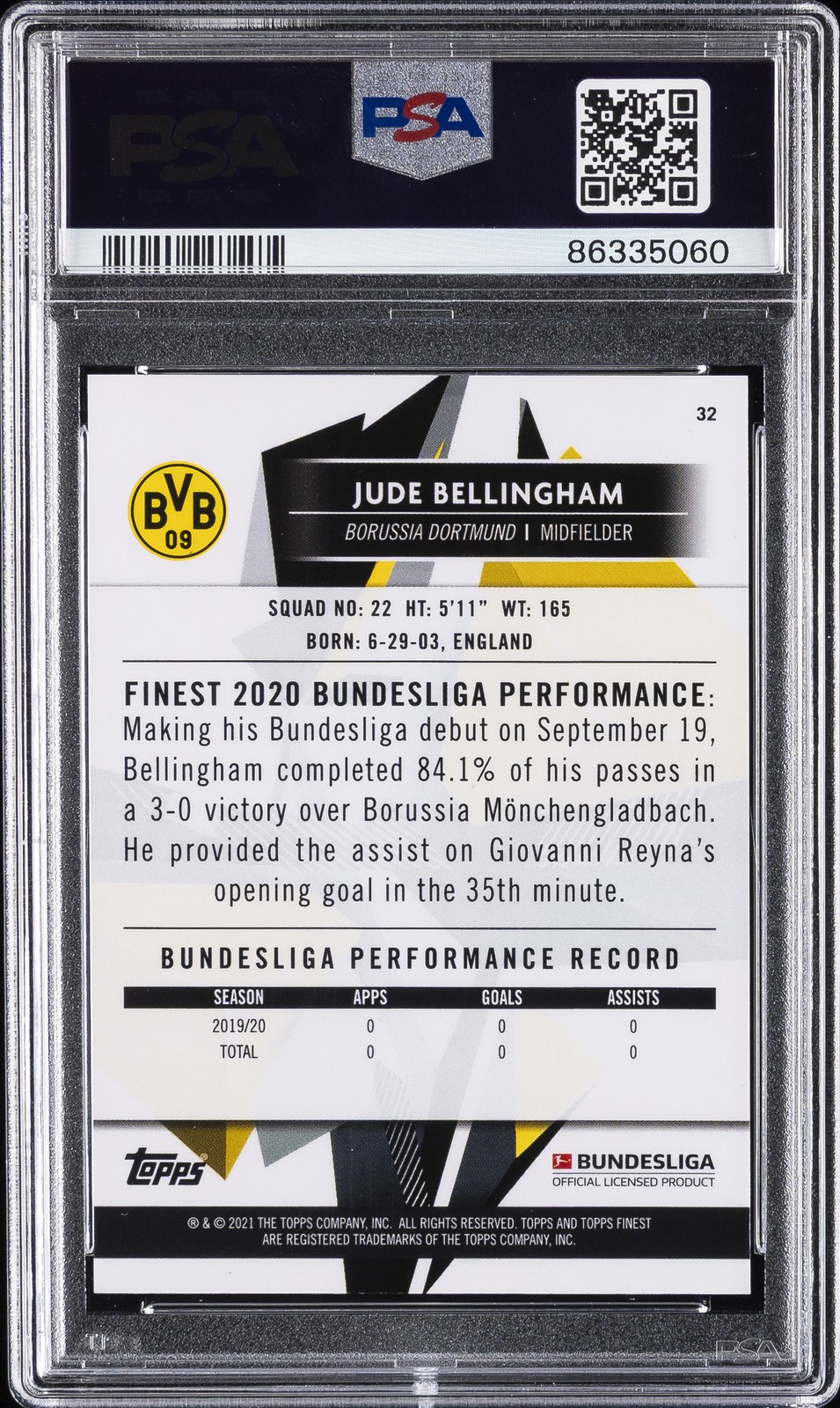 2020 TOPPS FINEST BUNDESLIGA #32 JUDE BELLINGHAM ROOKIE RC PSA 10 view 2