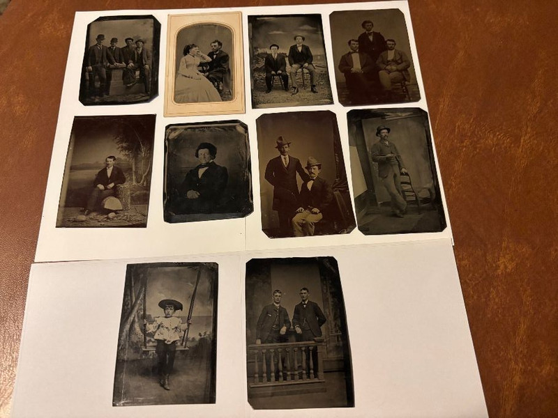 Antique Tintype Photos Lot (10) Dapper Men Hats Cute Kid on Swing