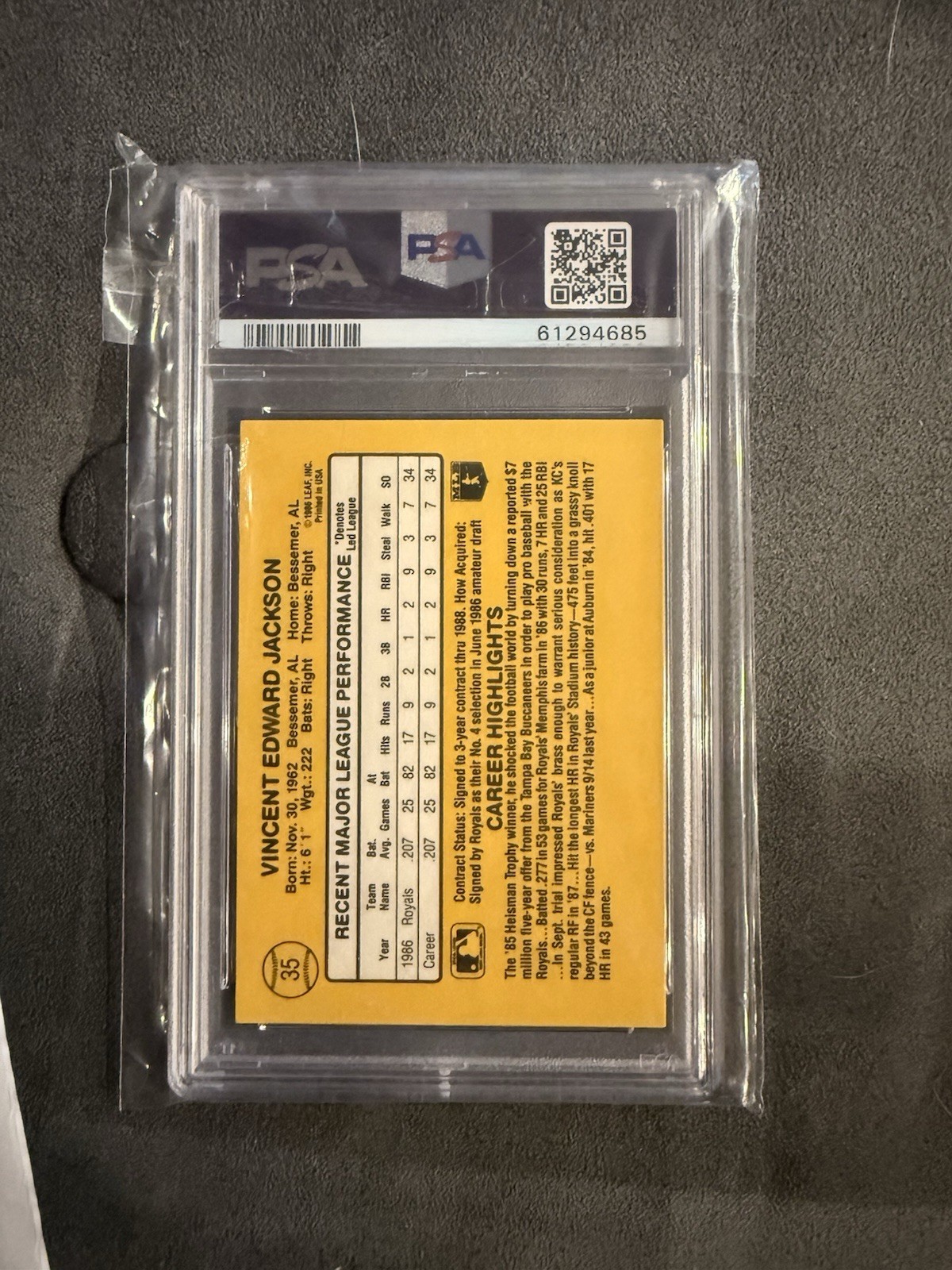 Donruss 1987 Bo Jackson #35 PSA 10 Rated Rookie Baseball Kansas City Royals view 2