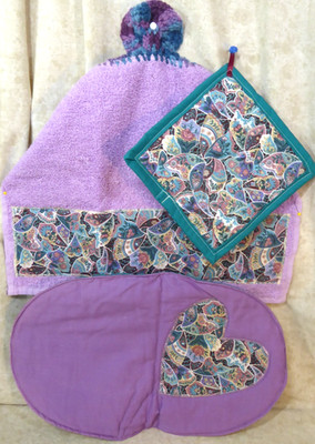Home Decor Kitchen Hanging Kitchen Towel 3pc Set Hot Pad Mitt Purple Teal Hearts