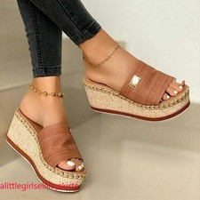 Womens Open Toe Sandals Wedge High Heels Slippers Beach Platform Shoes Slip On