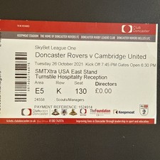 Doncaster Rovers v Cambridge United(SkyBet League 1 2021/22) 26/10/2021 Ticket