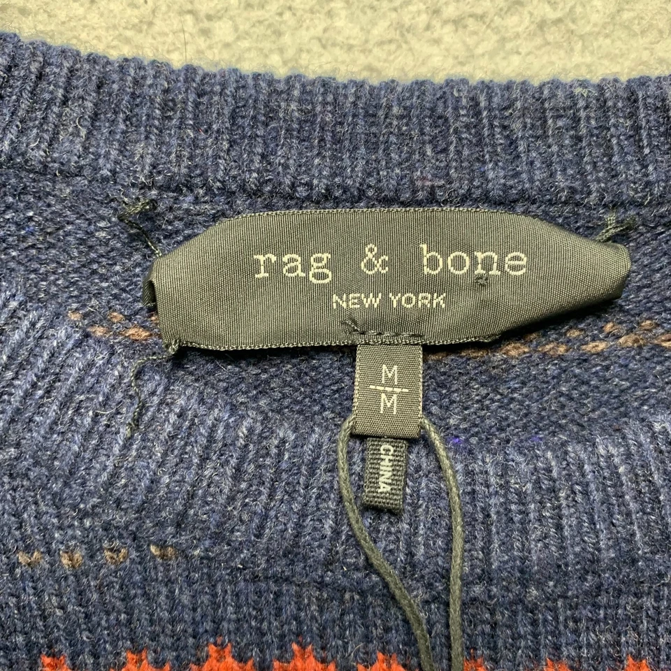 $395 RAG AND BONE Sweater Mens Size Medium Pullover Wesley Wool Blue White - Image 3 of 4