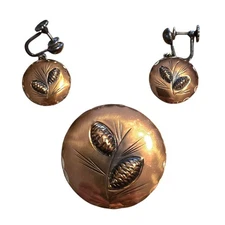 Vtg Stuart Nye Handmade Copper Sterling Pinecone Brooch Screwback Earring Set MI