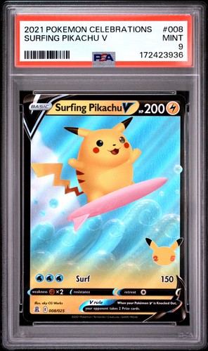 2021 POKEMON CELEBRATIONS #008 SURFING PIKACHU V PSA 9
