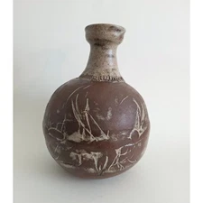 Studio Pottery Vase Signed by Lotte – 10" Brown Clay Incised Design