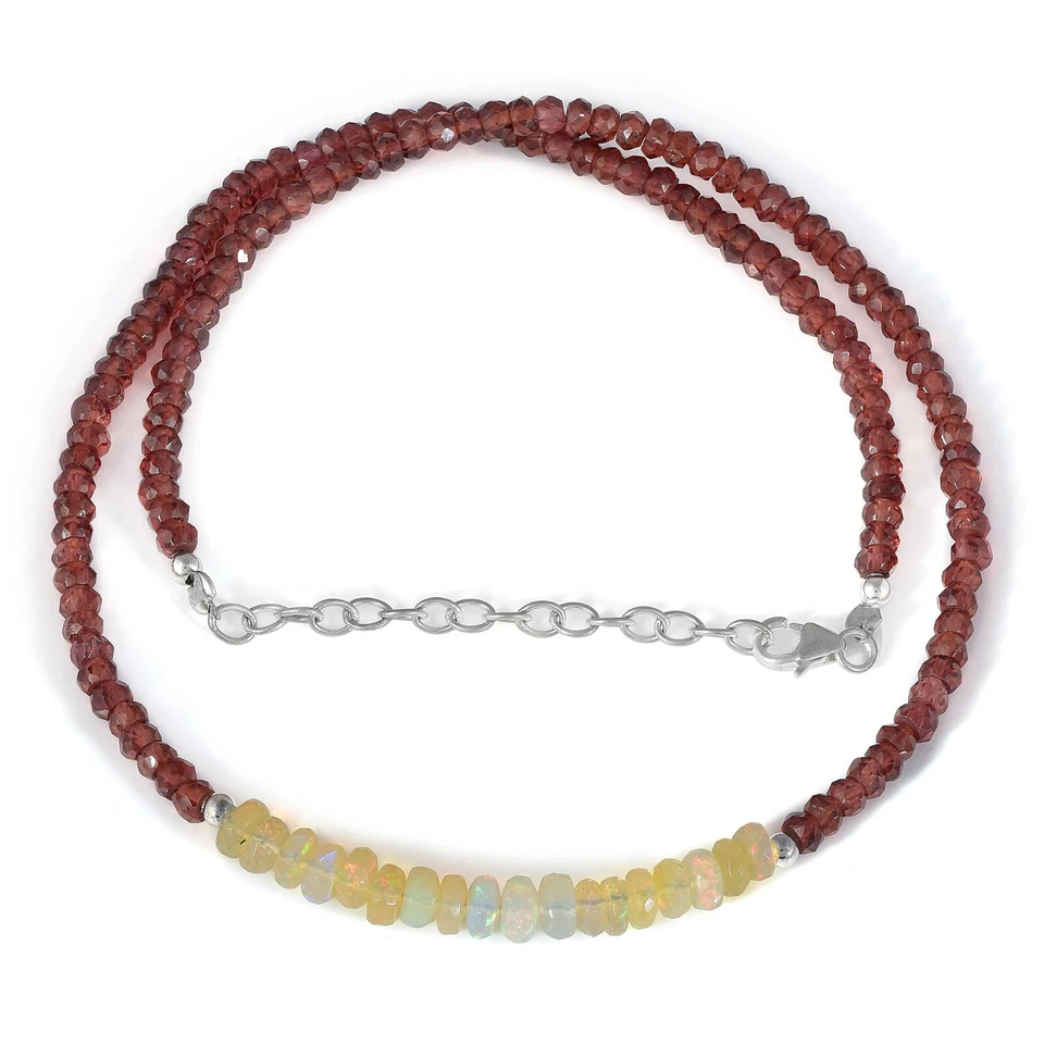 Collana Fatta A Mano In Perline Di Opale Naturale E Granato 4-5mm Catena 18" - Immagine 4 di 4