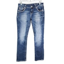 Womens Miss Me Blue Denim Jeans JE8079ETL Mid Rise Easy Straight Stretch Size 28