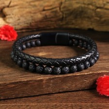 Men's Natural Lava Rocks Braided Leather Bracelet Magnetic Clasp Cuff Bangle