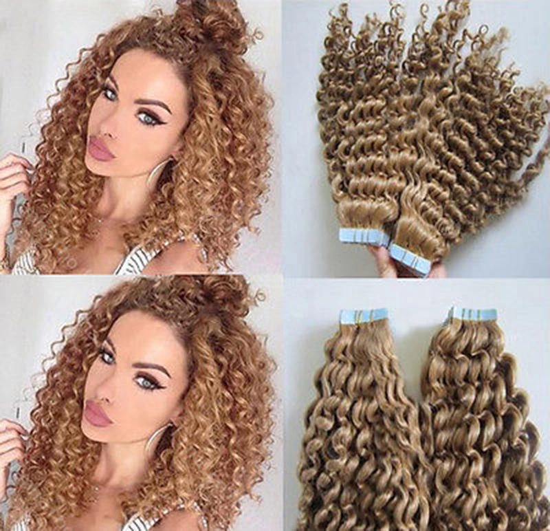 Cinta suelta rizada extensiones de cabello 100 % humano cinta de PU en pieza de cabello 20 un./50G Foto 2 de 4