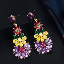 Luxury 18k Yellow Gold Plated CZ Crystal Long Leaf Flower Dangle Drop Earrings