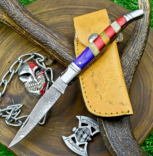 Custom HANDMADE DAMASCUS POCKET FOLDING KNIFE, POCKET KNIVFE, W/SHEATH, UN-8887
