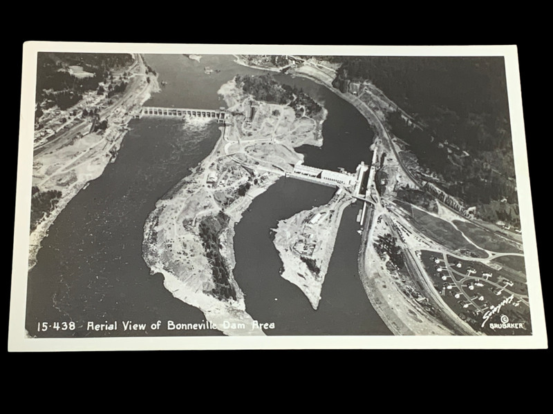 Vintage RPPC Postcard-Aerial view Bonneville Dam Area -Columbia River Gorge OR