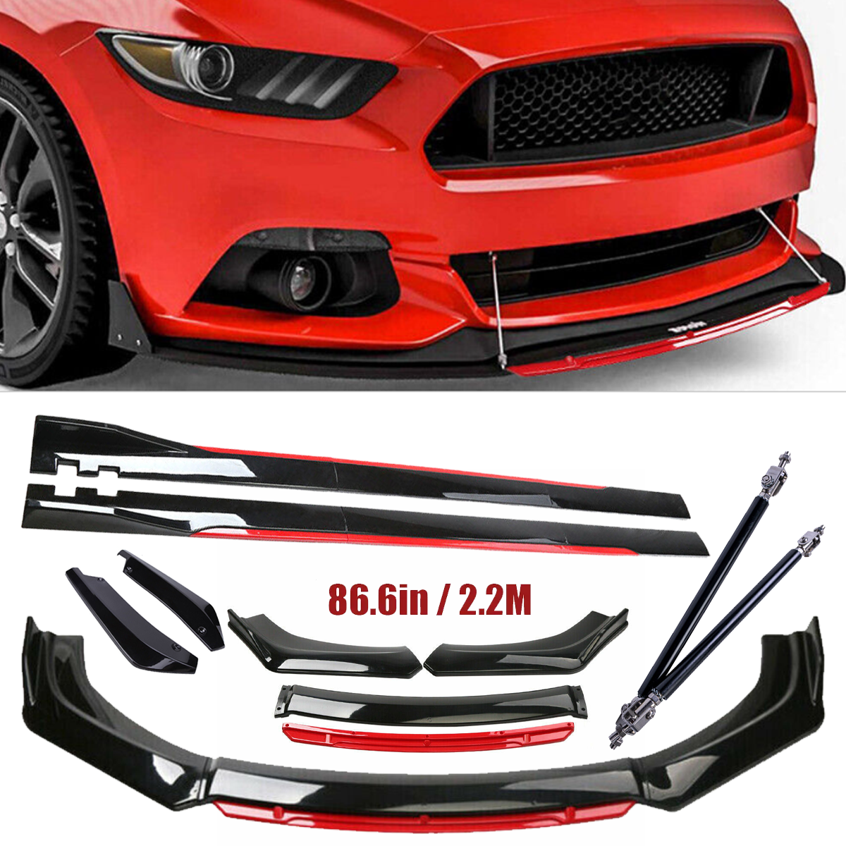 For Ford Mustang Front Bumper Lip Spoiler Splitter Side Skirt Body Glossy Black