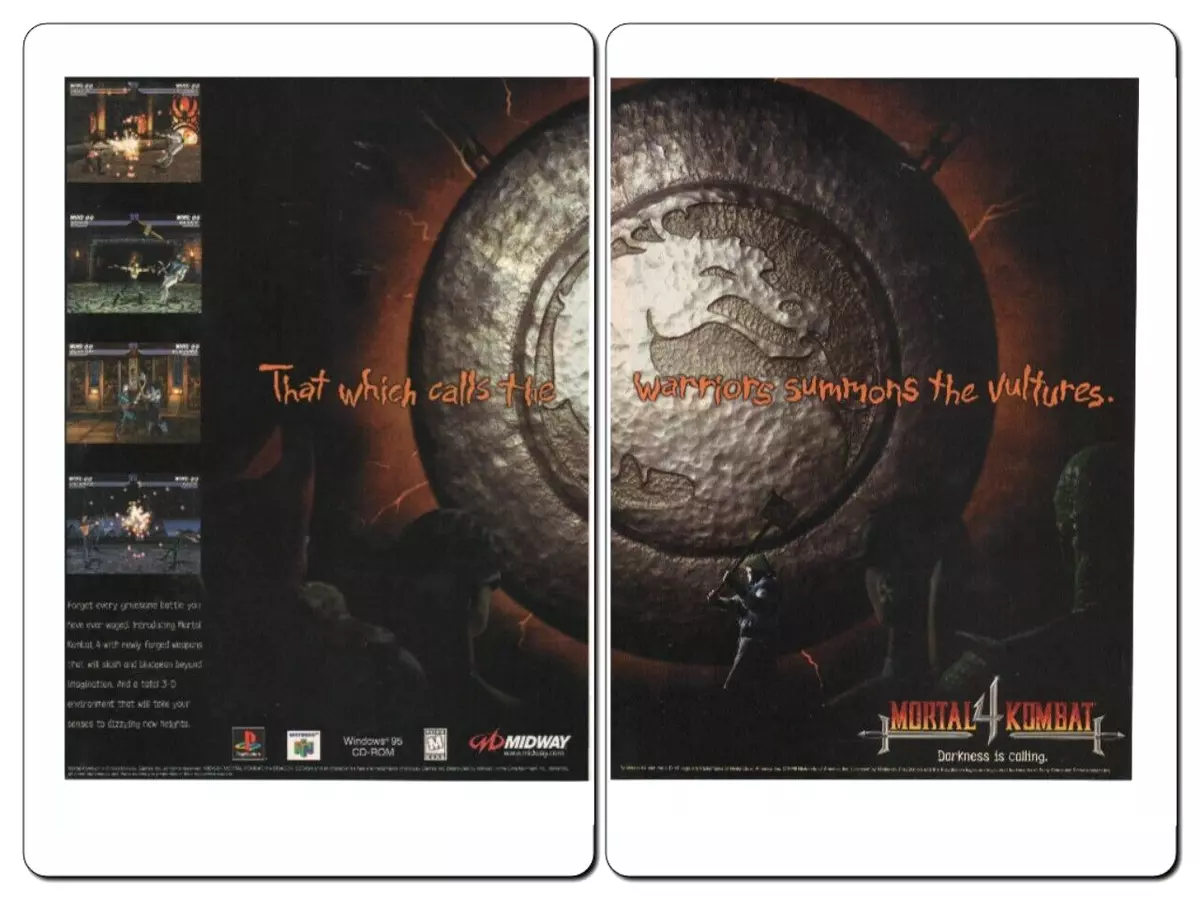 1998 Video Game 2 PG PRINT AD Mortal Kombat 4 PS1 N64 Midway Darkness Is  Calling